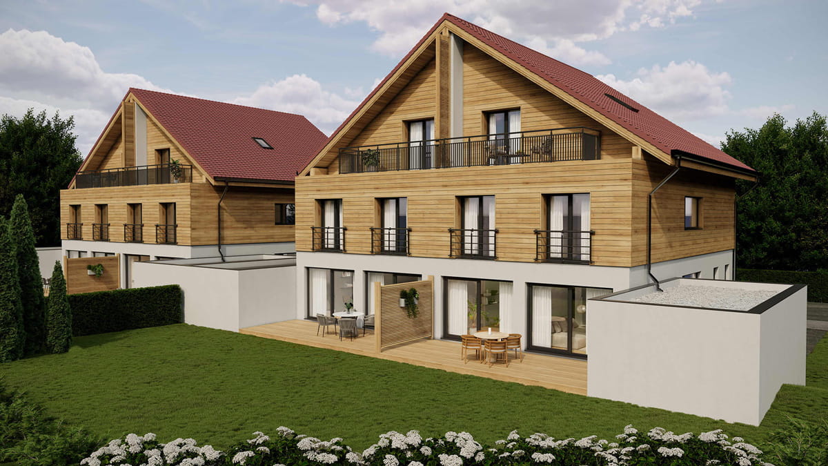 Zu sehen ist der Garten samt Doppelhaus.
