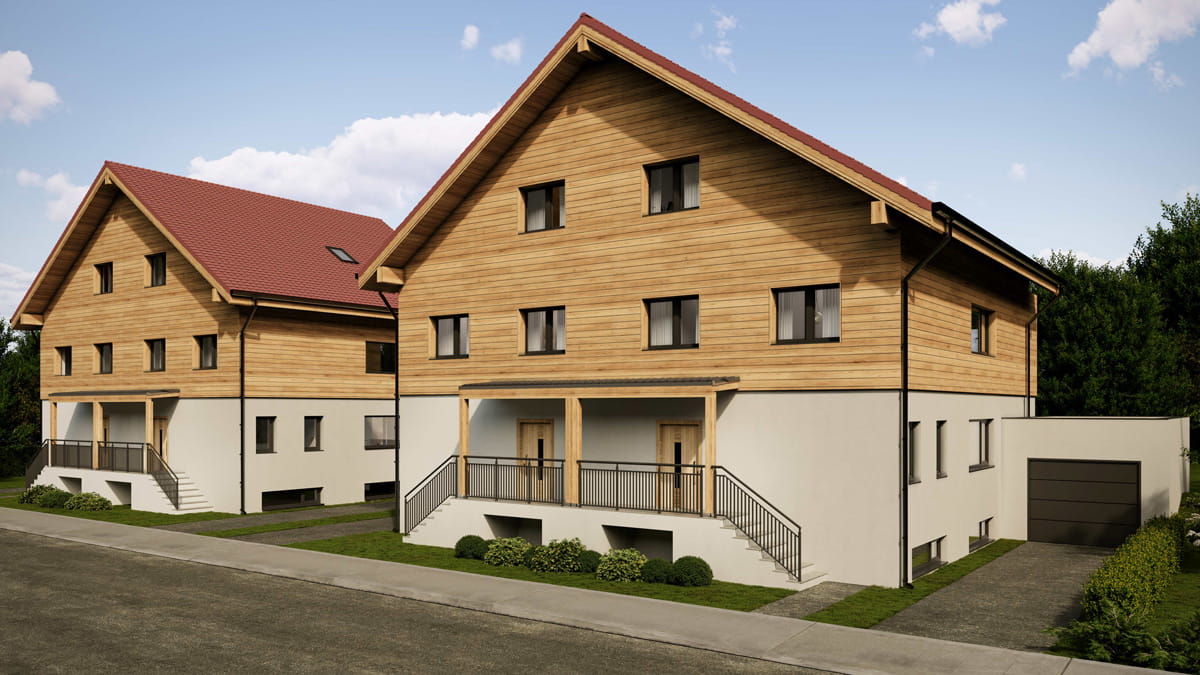 Zu sehen ist die Straßenansicht des der beiden Doppelhäuser.