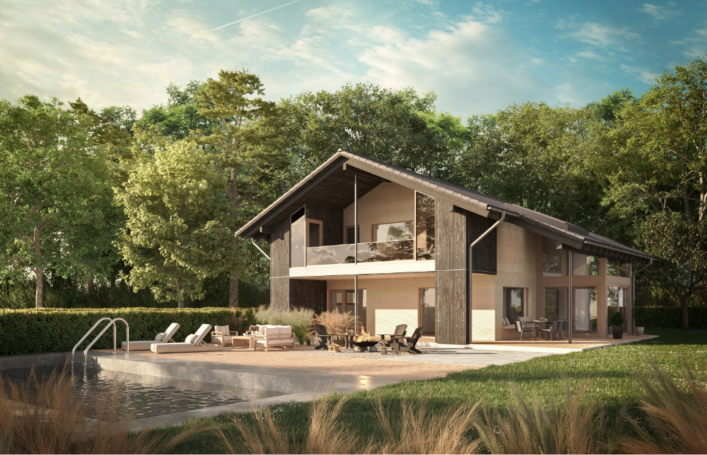 Außenansicht des Musterhauses Starnberg mit Pool